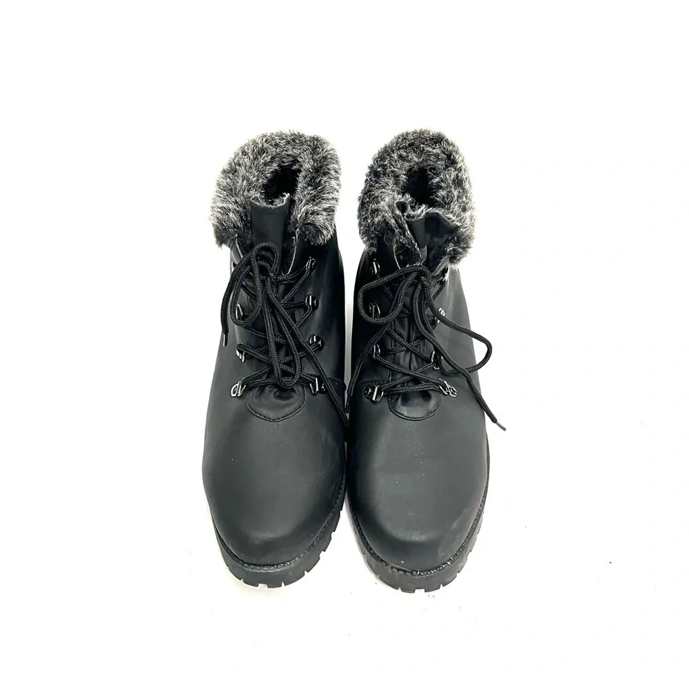 Vintage 1990s black nylon faux fur women’s winter ankle boots